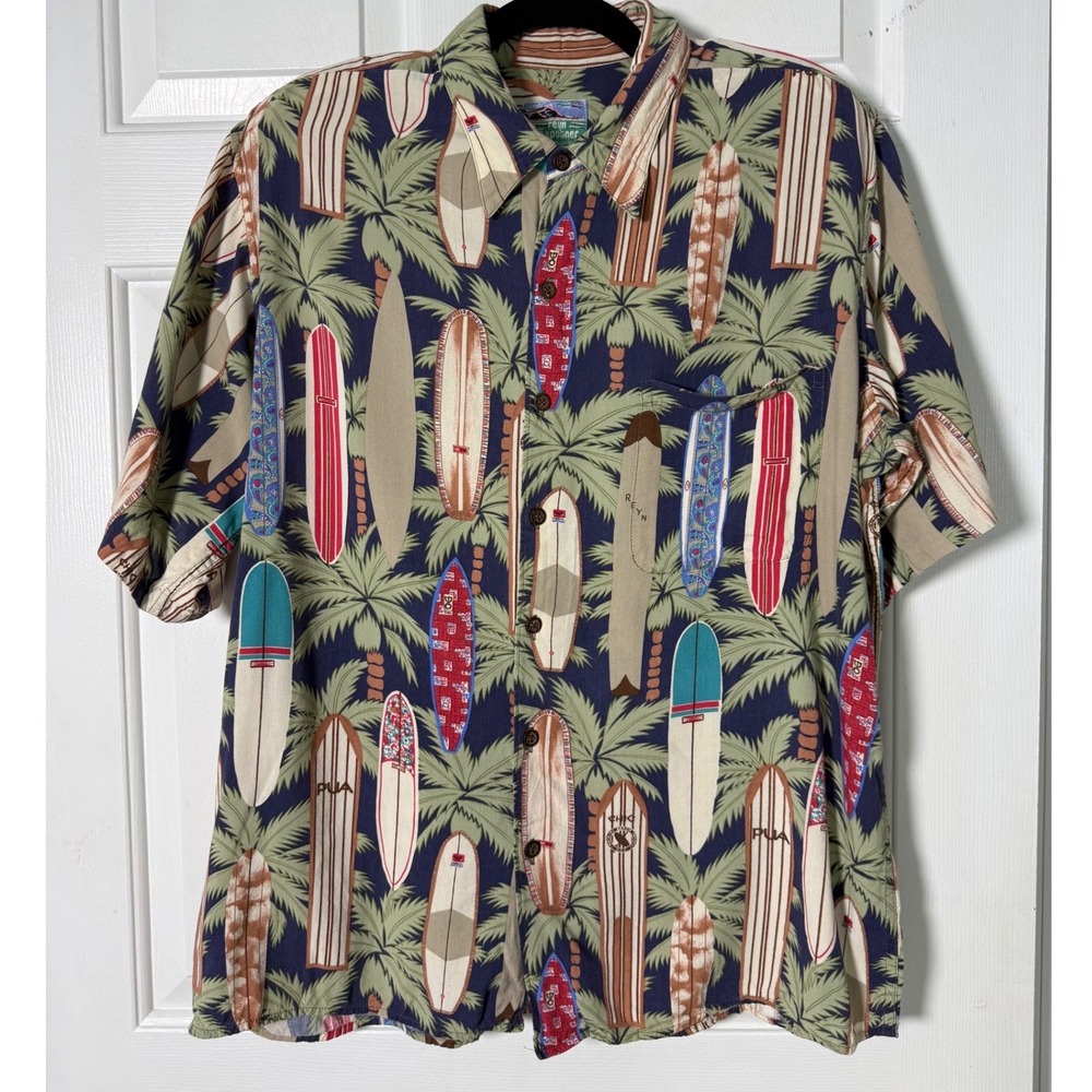 Reyn Spooner Hawaiian Shirt Large Surfboard Palm Tree Aloha Beach Retro Summer